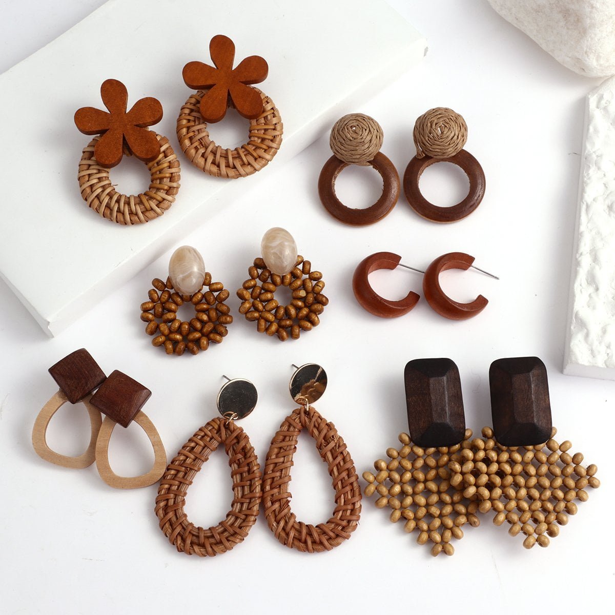 Handmade Rattan Wooden Drop Earrings For Women Bohemian Ethnic